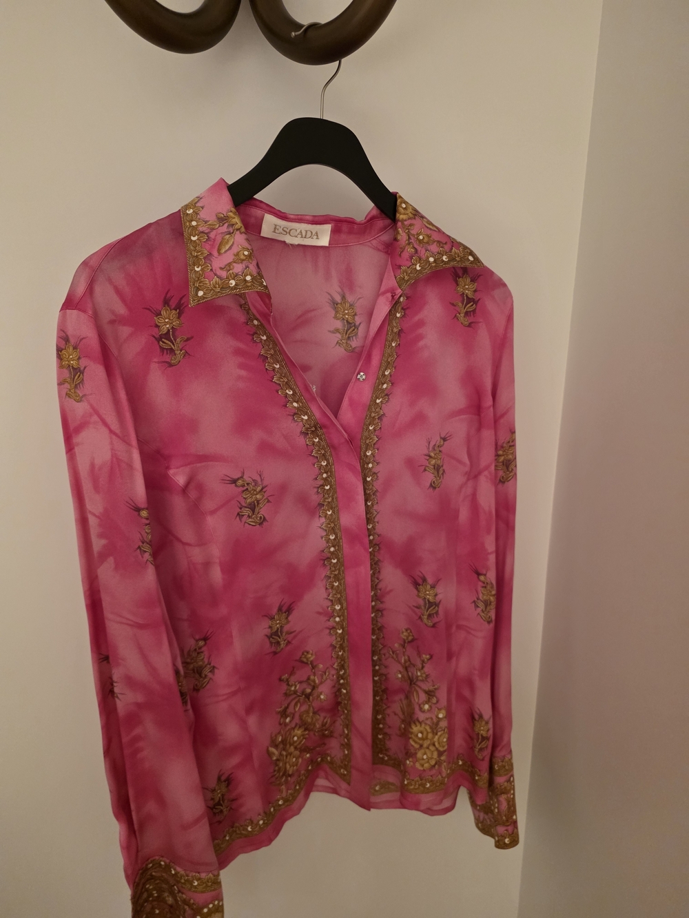 Escada Pink Silk Beaded Floral Shirt